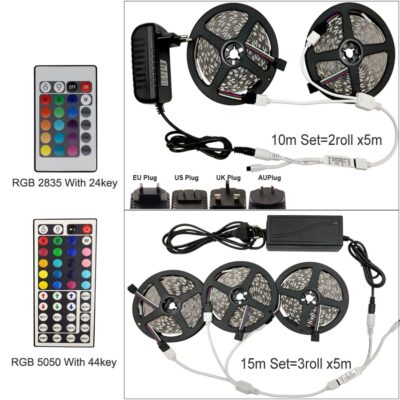 LED Strip Light RGB 5050 SMD 2835 Flexible Ribbon Tape Diode DC 12V+ Remote Control +Adapter
