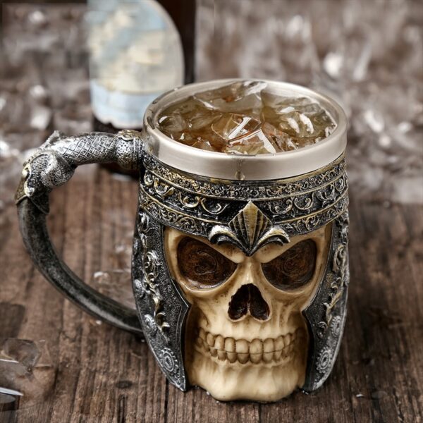 Retro Horn Skull Resin Beer Mug Stainless Steel Skull Knight Halloween Coffee Cup Viking Tea Mug Pub Bar Decoration
