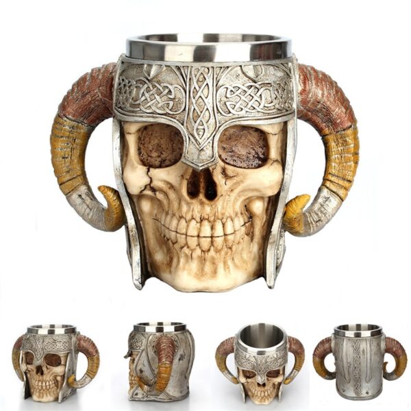 Retro Horn Skull Resin Beer Mug Stainless Steel Skull Knight Halloween Coffee Cup Viking Tea Mug Pub Bar Decoration