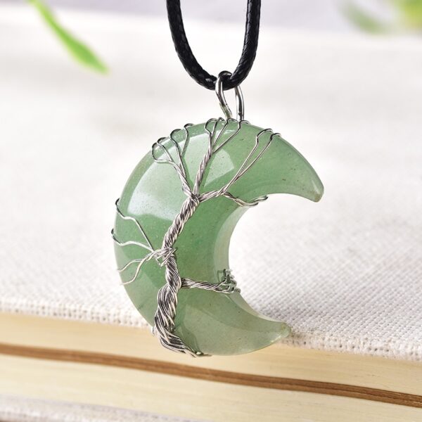 Natural Crystal Pendant Tree Of Life Moon Shape Reiki Polished Mineral Jewelry Healing Stone