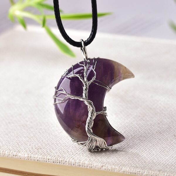 Natural Crystal Pendant Tree Of Life Moon Shape Reiki Polished Mineral Jewelry Healing Stone