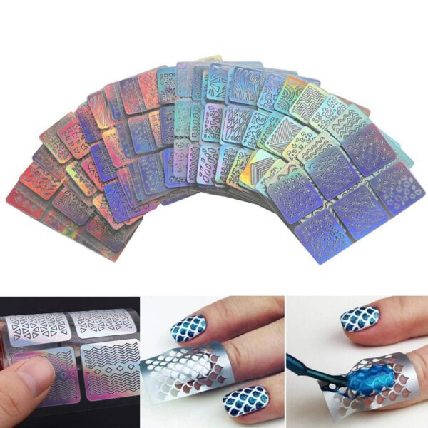 144Tips 24Sheets Laser Nail Art Hollow Stickers Nail Vinyls 3D Image Transfer Guide Stencil Set Irregular Pattern Mixed Decals