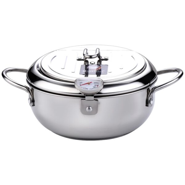 LMETJMA Japanese Deep Frying Pot with a Thermometer and a Lid 304 Stainless Steel Kitchen Tempura Fryer Pan 20 24 cm KC0405