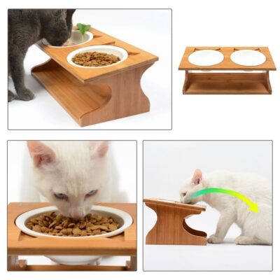 Pet wooden Tilted Feeders Pet Anti-slip Double Ceramic Bowl Cat Dish with Slope Base Lovely Pet Bowls with bamboo stand CW120