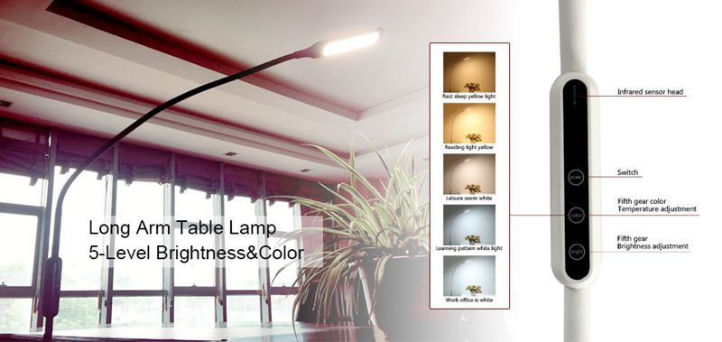 Long Arm Table Lamp Clip Office Led Desk Lamp Remote Control Eye-protected Lamp For Bedroom Led Light 5-Level Brightness&Color