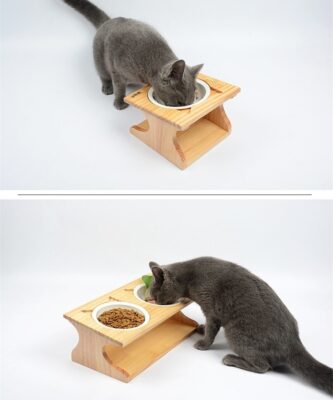 Pet wooden Tilted Feeders Pet Anti-slip Double Ceramic Bowl Cat Dish with Slope Base Lovely Pet Bowls with bamboo stand CW120