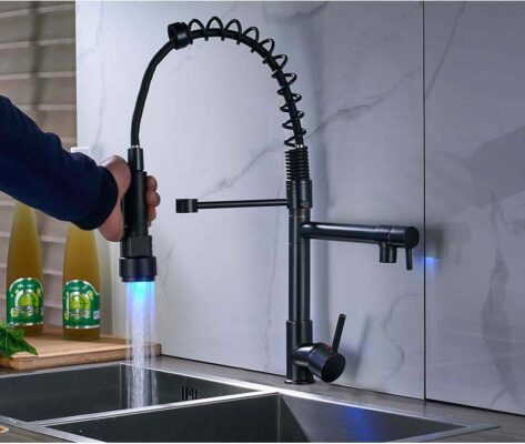 LED Light Black Bronze Dual Spout Kitchen Faucet Single Handle Spring Pull Down Water Taps for Kitchen Handheld Kitchen Sprayer
