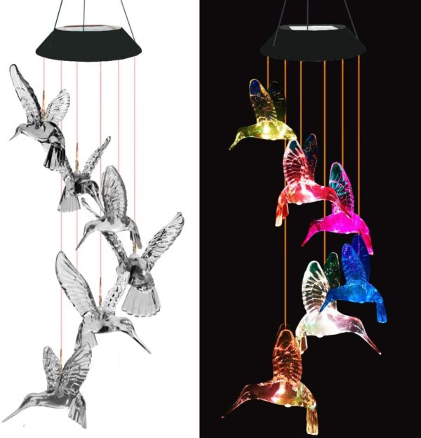 Color Changing Solar Power Wind Chime Crystal Ball Hummingbird Butterfly Waterproof Outdoor Windchime Light for Patio Yard Garde