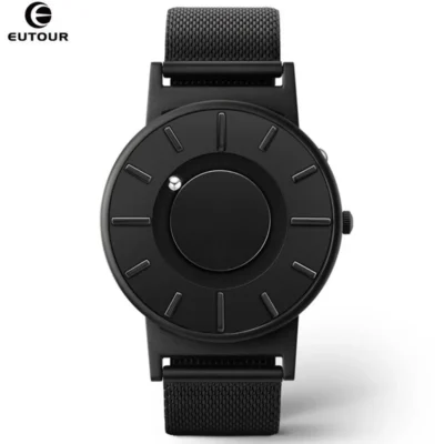 Front view of the black Midnight Onyx watch with magnetic hour and minute balls