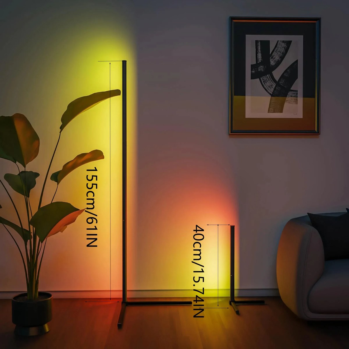 RGB corner lamp in two sizes: 155 cm floor lamp and 40 cm desk lamp