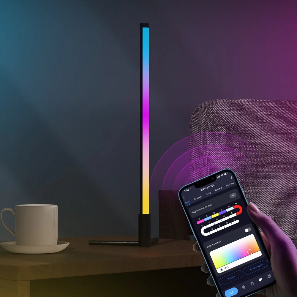 40 cm RGB corner lamp on a table controlled with a phone app