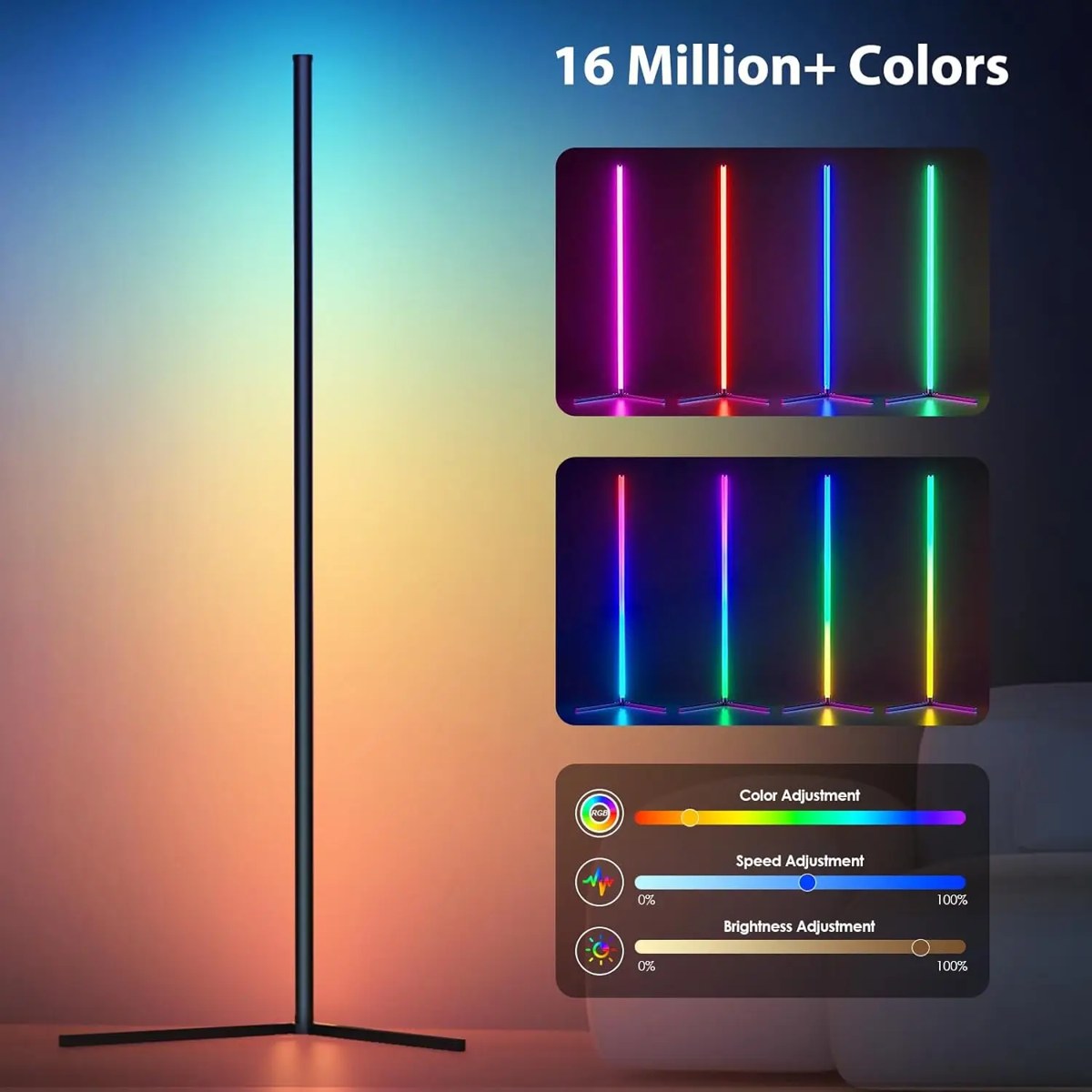 RGB corner floor lamp with color, speed and brightness adjustment
