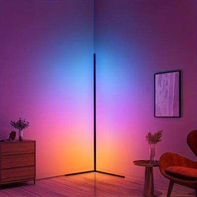 Smart RGB corner floor lamp glowing pink and blue in a living room corner