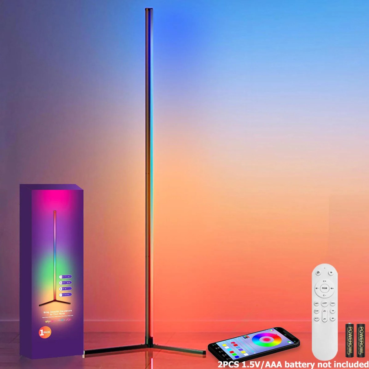 RGB corner floor lamp with remote control and smartphone app